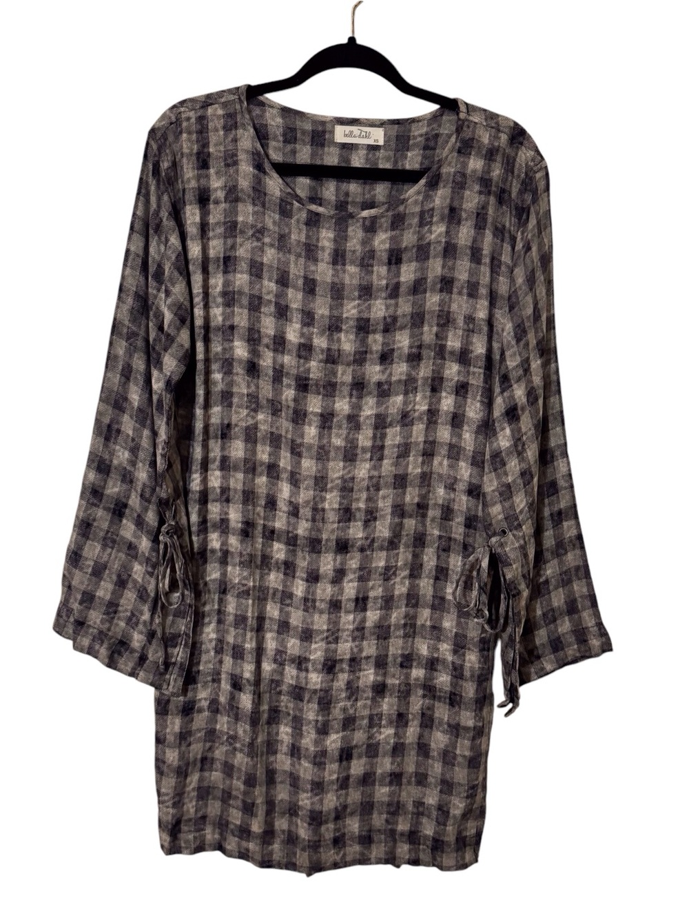 Bella Dahl Size XS Green Check Dress Festival Boho Buffalo Plaid Tie Sleeve